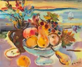 Ludwig Klimek, Owoce na plaży, olej, płótno