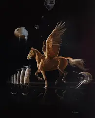 Wojciech Siudmak, Złoty pegaz, 1990, 1990, olej, płótno naklejone na deskę
