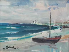Antoni Suchanek, Łódź przy brzegu, olej, tektura