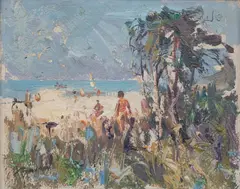 Henryk Baranowski, Widok na plaże, olej, tektura