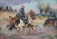 Wojciech Kossak, Żołnierz z luzakiem, 1921 r., 1921, olej, tektura