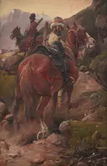 J. Konarski, Czerkiesi, olej, deska mahoniowa
