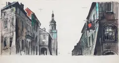 Jan Marcin Szancer, Na ulicy Czterech Wiatrów - Ilustracja do książki "Baśni o stalowym jeżu" Jana Brzechwy, technika mieszana, papier, 27