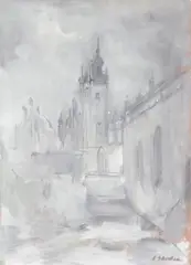 Jerzy Skrebec, Widok z wieżą, olej, płótno