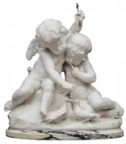 Para amorków by Guglielmo Pugi i Synowie, marmur, cokoł marmurowy, sold Jul 2026