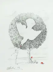 Rafał Olbiński, Adam, Ewa i Duch Święty, 2023, 2023, ołówek, tempera, papier