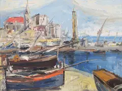 Henri Epstein, Port rybacki we Francji, olej, tektura płótnowana, 35