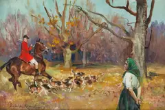 Wojciech Kossak, Na polowaniu par force, 1931 r., 1931, olej, płótno naklejone na tekturę