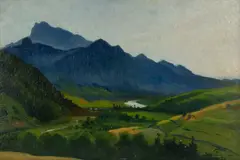 Marceli Harasimowicz, Pejzaż górski, olej, tektura, 23