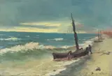 Franciszek Szwoch, Łodzie na brzegu, olej, sklejka