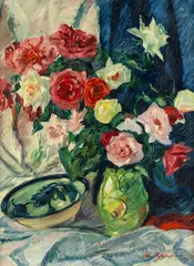 Otto Heinsius, Martwa natura z bukietem kwiatów i miską, 1932 r., 1932, olej, płótno