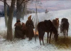 Jan Chełmiński, Obóz kozacki, przed lub 1892 (inne tytuły: „The Night Bivouac,”, „The Bivouac”), olej deska
