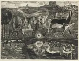Konrad Srzednicki, Przez mostek, 1963, 1963, akwaforta, akwatinta, sucha igła, papier