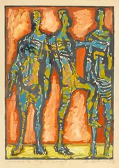 Marian Malina, Trzy figury, 1957, 1957, drzeworyt, olej, papier