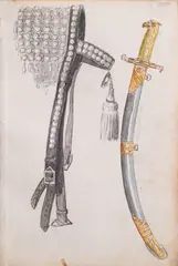 Apoloniusz Kędzierski, Dwa szkice broni i wyposażenia, ołówek, akwarela, papier, 23