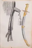 Apoloniusz Kędzierski, Dwa szkice broni i wyposażenia, ołówek, akwarela, papier, 23
