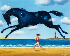 Rafał Olbiński, Ucieczka do szczęścia, 2019, 2019, olej, akryl, płótno