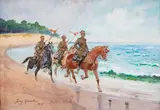 Jerzy Kossak, Patrol ułanów nad Bałtykiem, 1945 r., 1945, olej, tektura