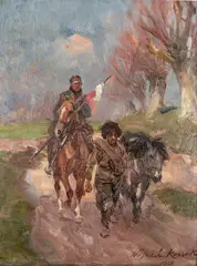 Wojciech Kossak, Ułan prowadzi bolszewika, 1920 r., 1920, olej, tektura
