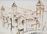 Mela Muter, Pejzaż z Artois”/„Pejzaż z Cohors” (obraz dwustronny), 1918 r., 1918, akwarela, ołówek, papier
