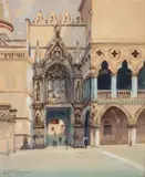 Oskar Schmidt, Wenecja - Porta della Carta, akwarela na podrysowaniu ołówkiem, tektura