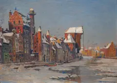 Teodor Urtnowski, Gdańsk. Długie Pobrzeże zimą., olej, sklejka, 28