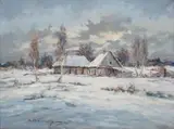 Chaty zimą by Eugeniusz Dzierżencki, olej, płótno, sold Mar 2026
