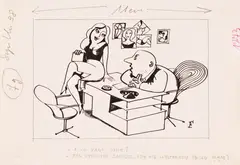 Pan dyrektor żartuje... by Jerzy Flisak, projekt ilustracji do "Szpilek", l. 60. XX w.tusz, papier, 20, sold Mar 2026