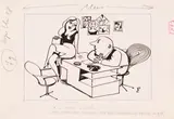 Jerzy Flisak, Pan dyrektor żartuje..., projekt ilustracji do "Szpilek", l. 60. XX w.tusz, papier, 20