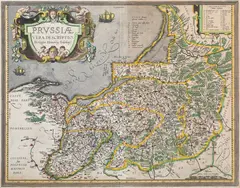 Abraham Ortelius, Prussiae Vera Descriptio…, Mapa Prus, według G. Henneberga, pochodząca z dzieła „Theatrum orbis terrarum…”, 1601; na verso tekst w języku łacińskim miedzioryt kolorowany, 36