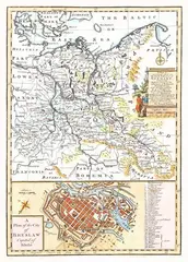 Emanuel Bowen, A new & accurate map of the north east of Germany…/A plan of the city of Breslaw capital of Silesia, Mapa wschodnich Niemiec i zachodniej Polski oraz plan Wrocławia, Londyn, 1747 miedzioryt kolorowany, 33