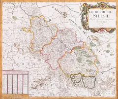 Tobias Mayer, Le Duché de Silesie tel quil est Suivant l'Etat…, Mapa Księstwa Śląskiego, wyd. Jean-Francois Daumont, Paryż, 1757 miedzioryt kolorowany