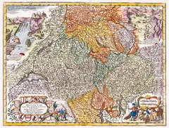 Matthäus Seutter, Nova Totius Helvetiae cum fuis Subditis ac Sociis…, Mapa Szwajcarii, 1740 miedzioryt kolorowany