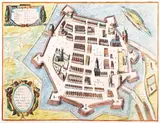 Frans Hogenberg Georg Braun, Zamoscium, nuova Poloniae civitas…, Widok Zamościa pochodzący z dzieła „Civitates orbis terrarum”, Kolonia, 1618; na verso tekst w języku francuskim miedzioryt kolorowany w epoce, 35