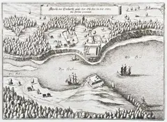 Matthäus Merian, Abriss der Einfarth aüss der Ost See, in die Odel…, Widok Świnoujścia, pochodzący z dzieła „Theatrum Europeanum”, Frankfurt n. Menem, ok. 1645 miedzioryt, wym. 25