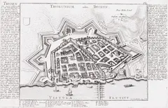 Gabriel Bodenehr, Thorunium oder Thoren, Widok Torunia z lotu ptaka, pochodzący z dzieła „Force d' Europe II“, Augsburg, 1730 miedzioryt