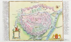 Gabriel Bodenehr, Danzig, Plan Gdańska i jego umocnień, pochodzący z dzieła „Force d’Europe…”, Augsburg, 1720 miedzioryt kolorowany
