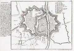 Gabriel Bodenehr, Elbingen…, Plan miasta i umocnień Elbląga, pochodząca z „Force d’Europe…“, Augsburg, ok. 1720 miedzioryt, 18