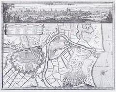 Erik J. Dahlberg, Dantiscum /Ichnographia Urbi Gedani et Castelli…, Widok, mapa i plan okolic Gdańska, rycina pochodząca z dzieła S. Pufendorfa „De Rebus a Carlo Gustavo", Norymberga, 1696 miedzioryt, 30