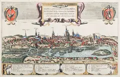Frans Hogenberg Georg Braun, Tipus civitatis Lublinesi in Regno Poloniae…, Widok Lublina pochodzący z „Civitates Orbis Terrarum", Kolonia, 1617 miedzioryt kolorowany w epoce