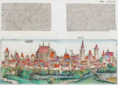 Hartmann Schedel, Nissa, Widok Nysy pochodzący z „Das Buch der Chroniken”, Norymberga, 1493 r; powyżej tekst w języku niemieckim drzeworyt kolorowany