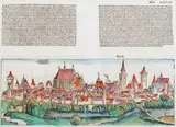 Hartmann Schedel, Nissa, Widok Nysy pochodzący z „Das Buch der Chroniken”, Norymberga, 1493 r; powyżej tekst w języku niemieckim drzeworyt kolorowany
