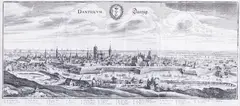 Matthäus Merian, Dantiscum. Dantzig, Widok Gdańska z Biskupiej Górki, pochodzący z dzieła „Topographia Electoratus Brandenburgici et Ducatus Pomeraniae”, wyd. Spadkobiercy Meriana, Frankfurt n. Menem, 1652 miedzioryt