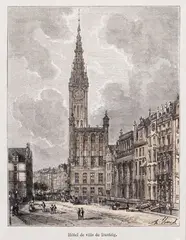 Hubert Clerget, Hôtel de ville de Dantzig, Widok ratusza w Gdańsku pochodzący z dzieła V.A. Malte-Bruna „L’Allemagne Illustrée”, Paryż, ok. 1870 drzeworyt kolorowany, wym. widoku 13