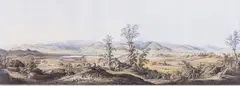 Ernst Wilhelm Knippel, Das Riesengebirge aufgenommen am Wege zwischen Warmbrunn und Merzdorf, Panorama Karkonoszy między Cieplicami a Marczycami, Kowary, po 1827 litografia kolorowana, 31