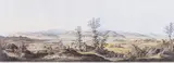 Ernst Wilhelm Knippel, Das Riesengebirge aufgenommen am Wege zwischen Warmbrunn und Merzdorf, Panorama Karkonoszy między Cieplicami a Marczycami, Kowary, po 1827 litografia kolorowana, 31