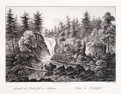 Friedrich Julius Tempeltei, Ansicht des Kochelfalls in Schlesien, Widok wodospadu Szklarka według S. Rösela, wyd. Julius Kuhr, Berlin, ok. 1830 litografia, wym. arkusza 22