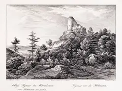Friedrich Julius Tempeltei, Schloss Kynast bei Warmbrunn vom Höllenstein aus gesehen, Widok Zamku Chojnik według S. Rösela, wyd. Julius Kuhr, Berlin ok. 1830 litografia
