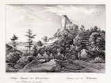 Friedrich Julius Tempeltei, Schloss Kynast bei Warmbrunn vom Höllenstein aus gesehen, Widok Zamku Chojnik według S. Rösela, wyd. Julius Kuhr, Berlin ok. 1830 litografia