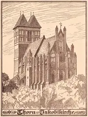 Wilhelm Thiele, Thorn Jakobikirche, Widok kościoła św. Jakuba w Toruniu, ok.1920; na verso „Thorn. Altes Schlosstor”, widok bramy zamkowej w Toruniu drzeworyt, wym. widoku 21
